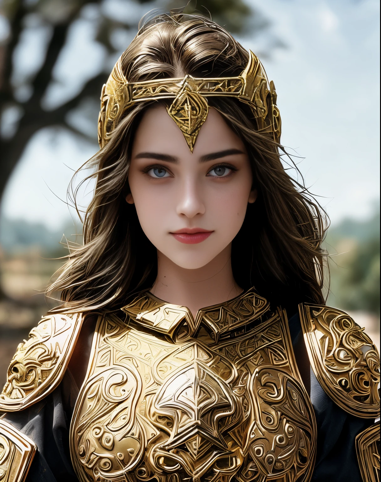 (masterpiece), (extremely intricate:1.3),, (realistic), portrait of a girl, the most beautiful in the world, ((medieval golden armor)), metal reflections, upper body, outdoors, intense sunlight, far away castle, professional photograph of a stunning woman detailed, sharp focus, dramatic, award winning, cinematic lighting, octane render, unreal engine, volumetrics dtx, (film grain, bokeh, blurry foreground, blurry background), crest on chest