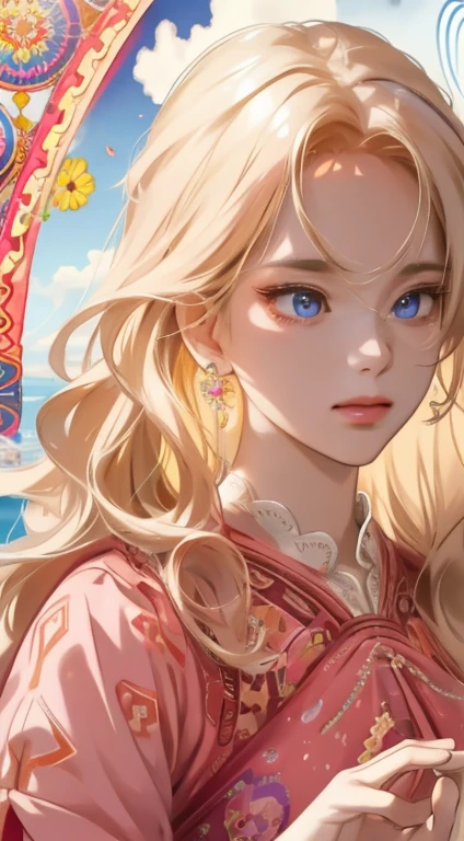 (A hyper-realistic), (hight resolution), (8K), 1girl, mature female, wavy blonde hair, long hair, beautiful detailed eyes, blunt bangs, pink dress, finely detailed eyes and detailed face, extremely detailed CG unity 8k wallpaper, intricate details, break , awesome full color, kaleidoscopic imagery, symmetrical patterns, vibrant colors, geometric shapes, mesmerizing designs, optical illusions, dynamic composition BREAK , pantomime art, expressive body language, silent storytelling, evocative gestures, visual narratives, theatrical performances , blooming flowers, colorful petals, fragrant scents, nature's bounty, vibrant gardens, peaceful scenery