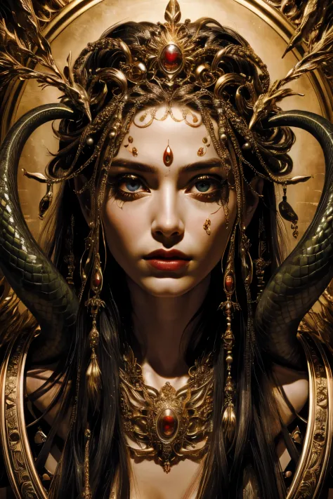 Absurd, ultra-detailed, high quality, detailed face, beautiful eyes, Medusa, the Gorgon, the Gorgon with serpent hair, possesses...