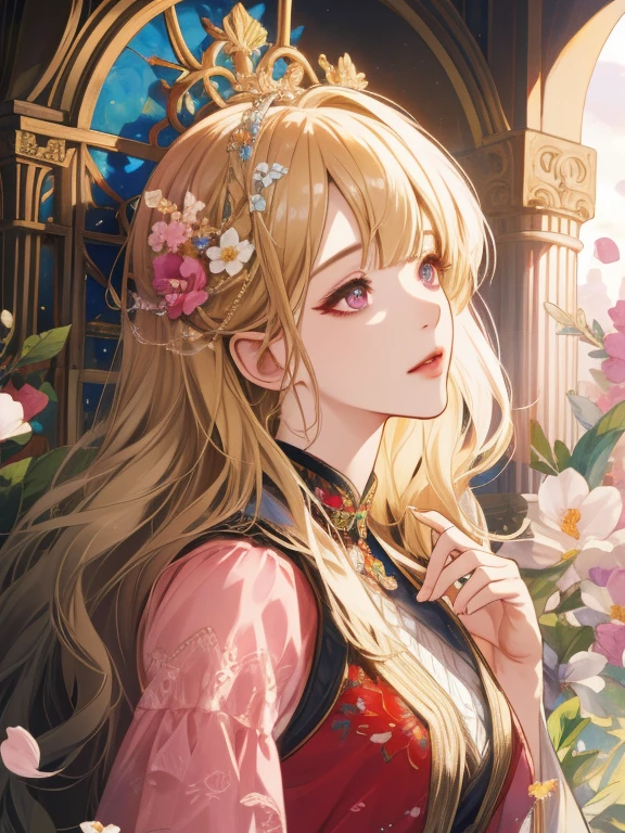 (A hyper-realistic), (hight resolution), (8K), 1girl, mature female, wavy blonde hair, long hair, beautiful detailed eyes, blunt bangs, pink dress, finely detailed eyes and detailed face, extremely detailed CG unity 8k wallpaper, intricate details, BREAK , kaleidoscopic imagery, symmetrical patterns, vibrant colors, geometric shapes, mesmerizing designs, optical illusions, dynamic composition BREAK , pantomime art, expressive body language, silent storytelling, evocative gestures, visual narratives, theatrical performances BREAK , blooming flowers, colorful petals, fragrant scents, nature's bounty, vibrant gardens, peaceful scenery