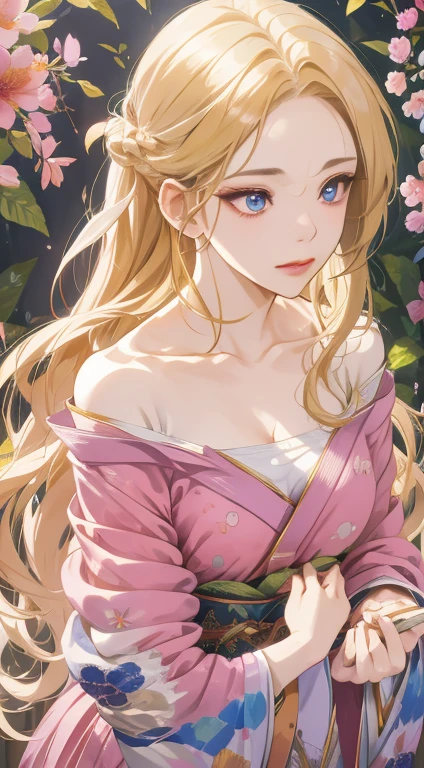 (A hyper-realistic), (hight resolution), (8K), 1girl, japanese mature female, wavy blonde hair, long hair, beautiful detailed eyes, blunt bangs, pink dress, finely detailed eyes and detailed face, extremely detailed CG unity 8k wallpaper, intricate details, break , kaleidoscopic imagery, symmetrical patterns, vibrant colors, geometric shapes, mesmerizing designs, optical illusions, dynamic composition BREAK , pantomime art, expressive body language, silent storytelling, evocative gestures, visual narratives, theatrical performances , blooming flowers, colorful petals, fragrant scents, nature's bounty, vibrant gardens, peaceful scenery