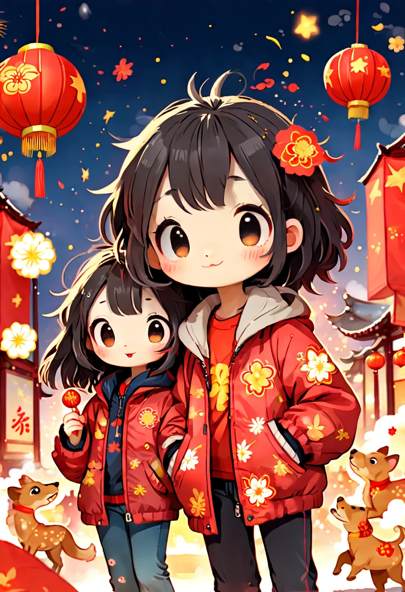 Kids Book, (Tim Burton style)，(Illustration captures the essence of Chinese New Year)，(Modern town:1.2), (Lanterns and festoons)，It's snowing，In the joyful atmosphere of the Spring Festival，(5 children in down jackets set off firecrackers and fireworks)，(There are many fireworks in the sky)，The picture is beautiful，(Detailed and vivid children&#39;s hand-drawn illustrations)，Show character expressions