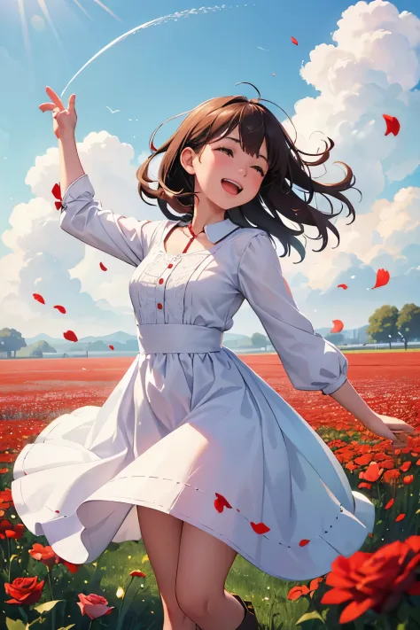 a woman in a white dress in a field of red flowers, she is in pure bliss, combat boots, she expressing joy, tv commercial, clean...