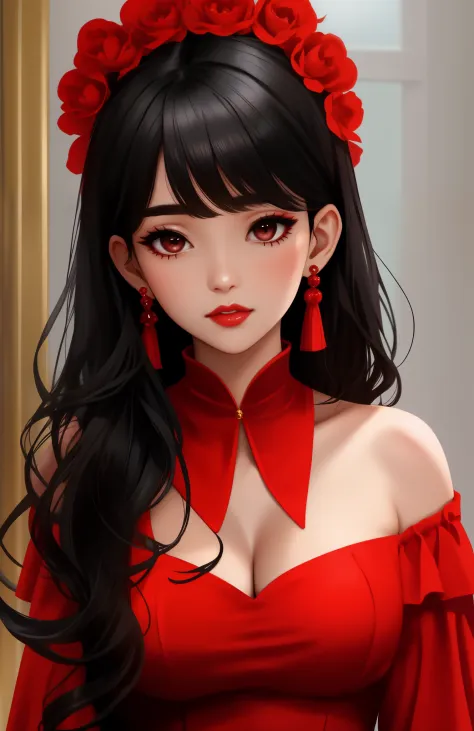 frinkles on the face, beutiful skin, black hair, red dress, decollete dress, black eyes, golden earings