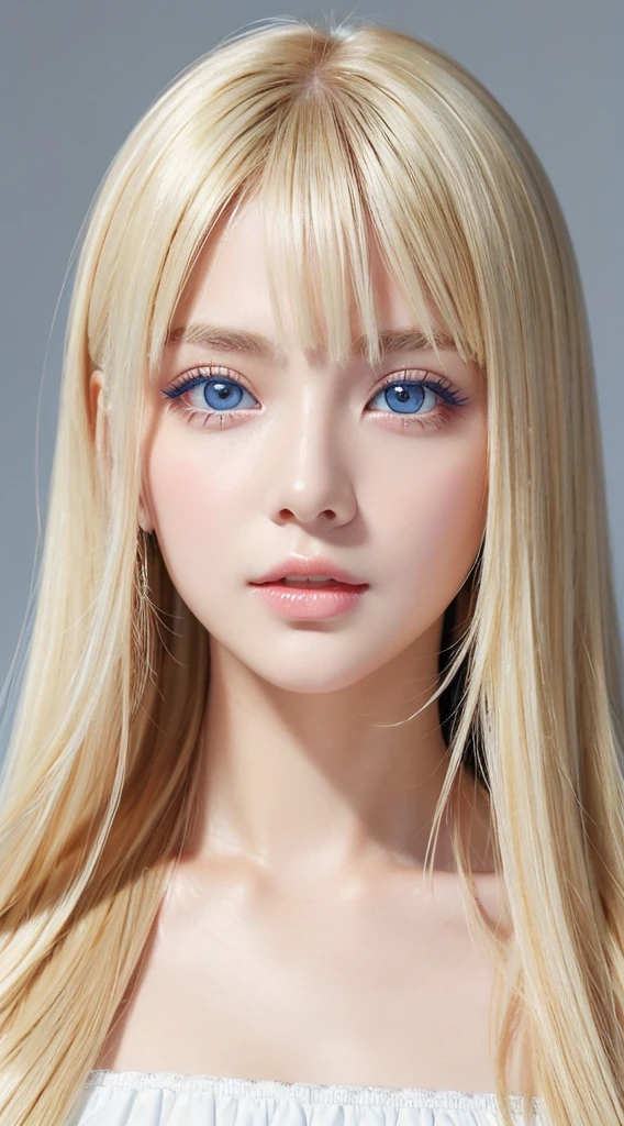 Top Qualität、Meisterwerk、(lebensecht:1.4)、1 Mädchen in、Strahlend blondes Haar、sehr schöne große blaue Augen、frontage、Ein detailliertes Gesicht、schöne Augen、Sehr weiß, junge und strahlende Haut、Glanz-Highlights für die Wangen