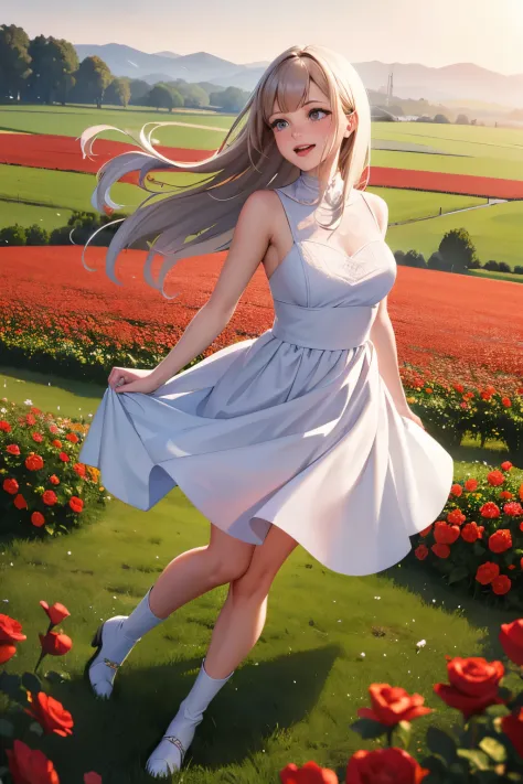 a woman in a white dress in a field of red flowers, she is in pure bliss, combat boots, she expressing joy, tv commercial, clean...