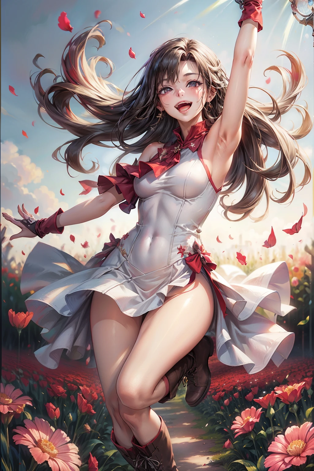 a woman in a white dress in a field of red flowers, she is in pure bliss, combat boots, she expressing joy, tv commercial, clean borders ; photorealistic, floating in perfume, gettyimages, psytrance, showing victory, french girl, ecstatic, rosses, flying