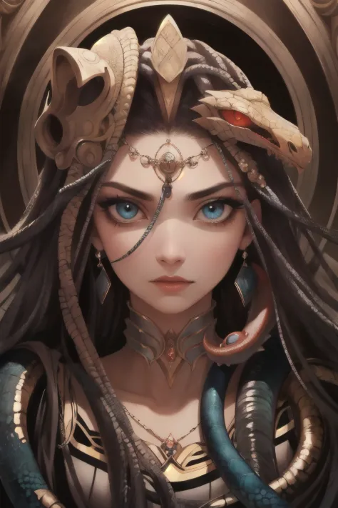 Absurd, ultra-detailed, high quality, detailed face, beautiful eyes, Medusa, the Gorgon, the Gorgon with serpent hair, possesses...
