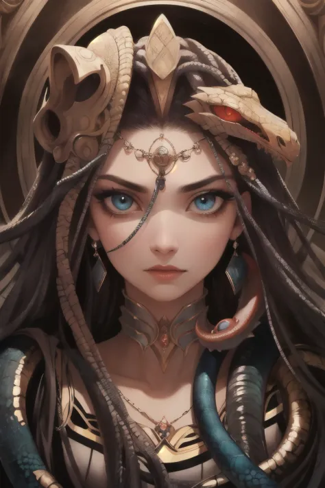 absurd, ultra-detailed, high quality, detailed face, beautiful eyes, medusa, the gorgon, the gorgon with serpent hair, possesses...