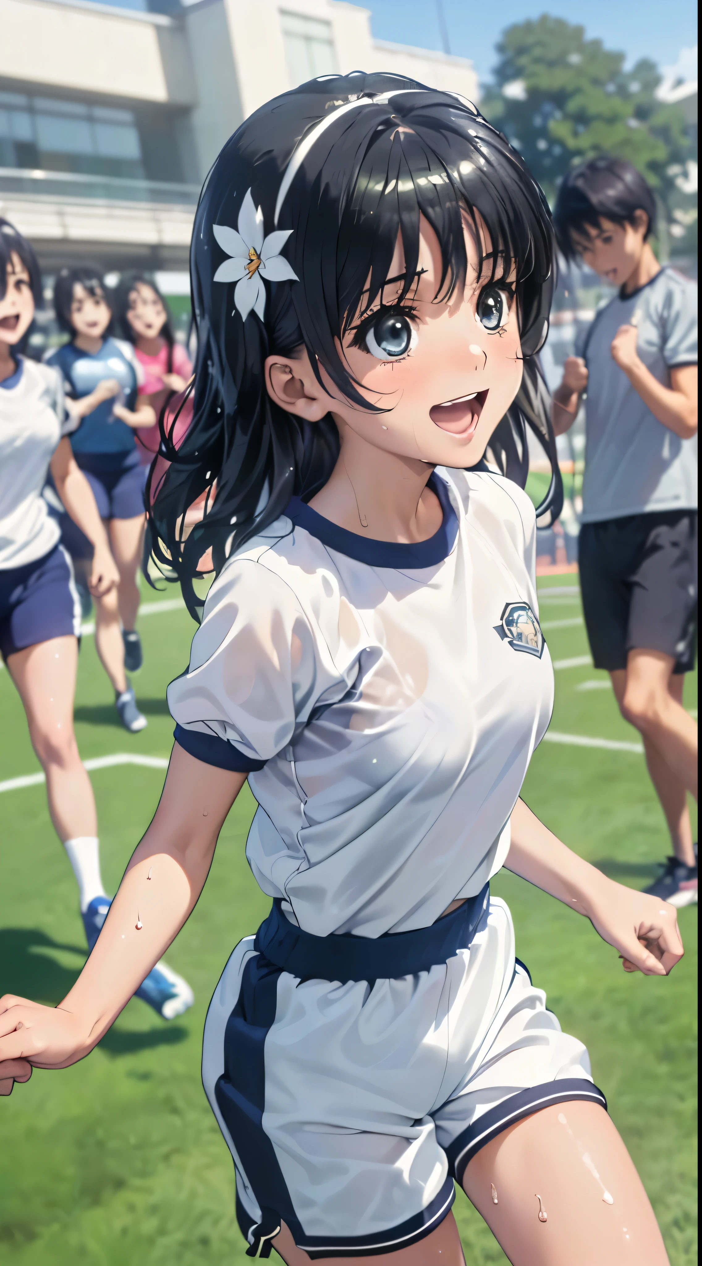 Chica anime en uniforme jugando fútbol en un campo con otras chicas. -  SeaArt AI