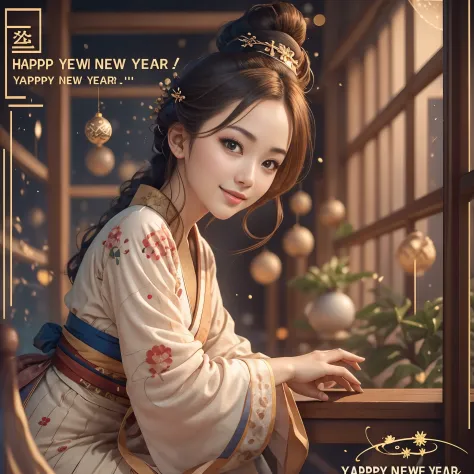 winter new year event announcement poster, (Best Quality,Photorealistic),Solo,beautiful japanese female,Traditional kimono,Natural posture,Gentle smile,Impressive gaze,Traditional hairstyle,Tatami room at dusk,Sitting by the window,Illuminated by city ligh...
