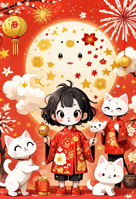 Tim Burton's style, Illustrations that capture the essence of Chinese New Year, nevando, In the joyful atmosphere of the Spring ...