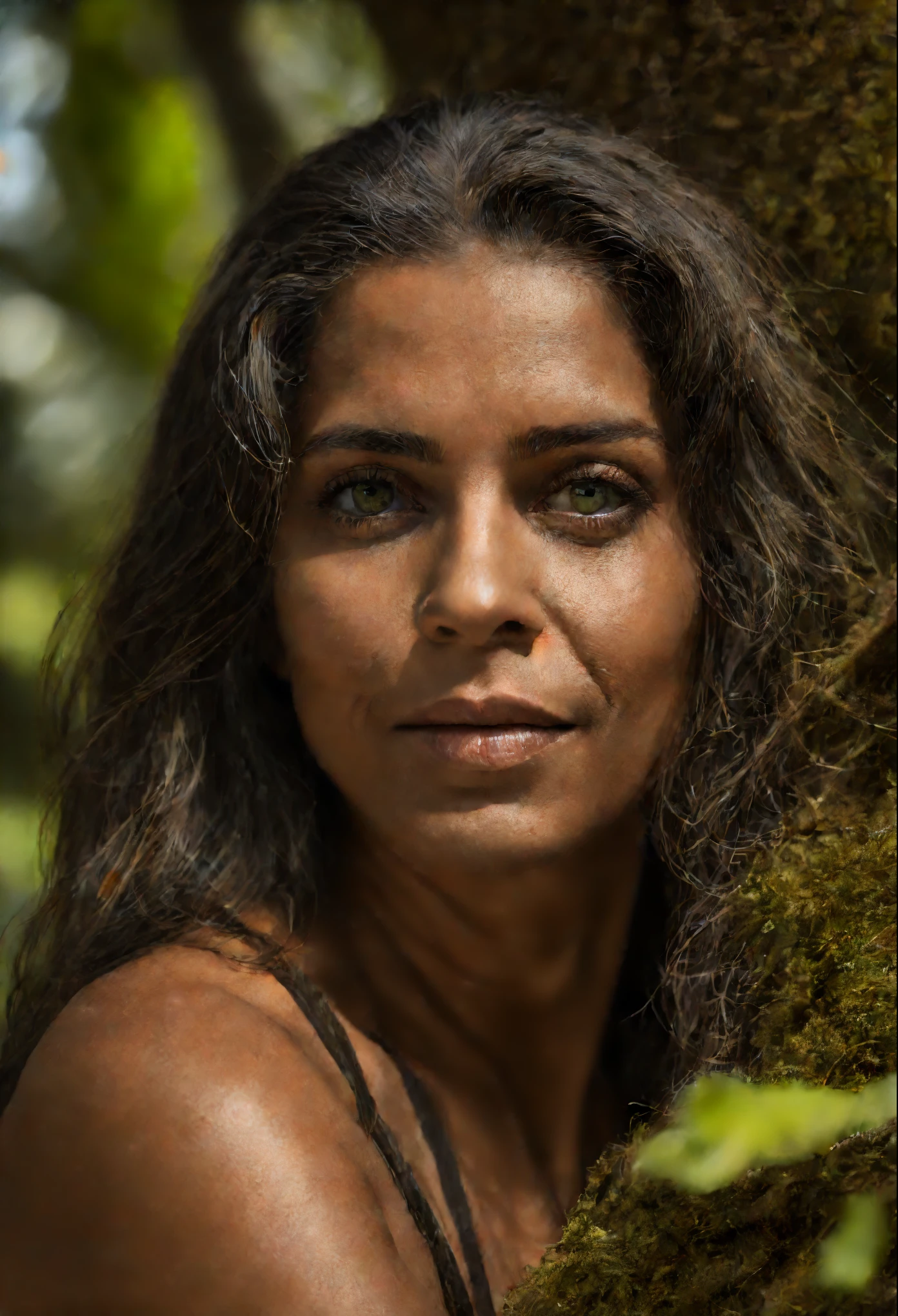 A close up of a woman with long hair and a tree - SeaArt AI