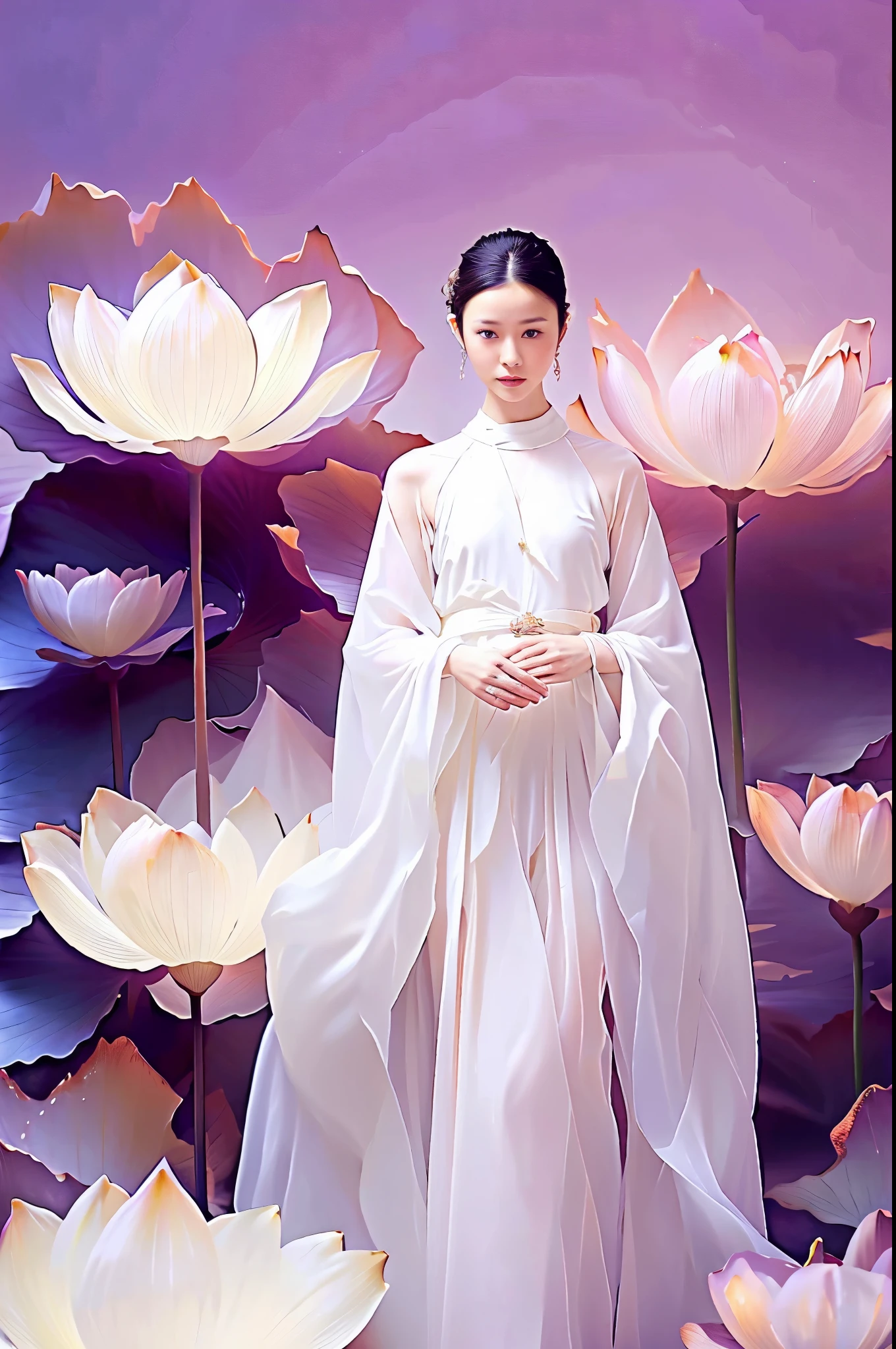 arafed woman in white dress standing in front of a wall of flowers, white hanfu, ao dai, standing gracefully upon a lotus, a stunning young ethereal figure, palace ， a girl in hanfu, jingna zhang, standing on a lotus, by Yu Zhiding, pink lotus queen, ethereal beauty, hanfu, flowing white robes