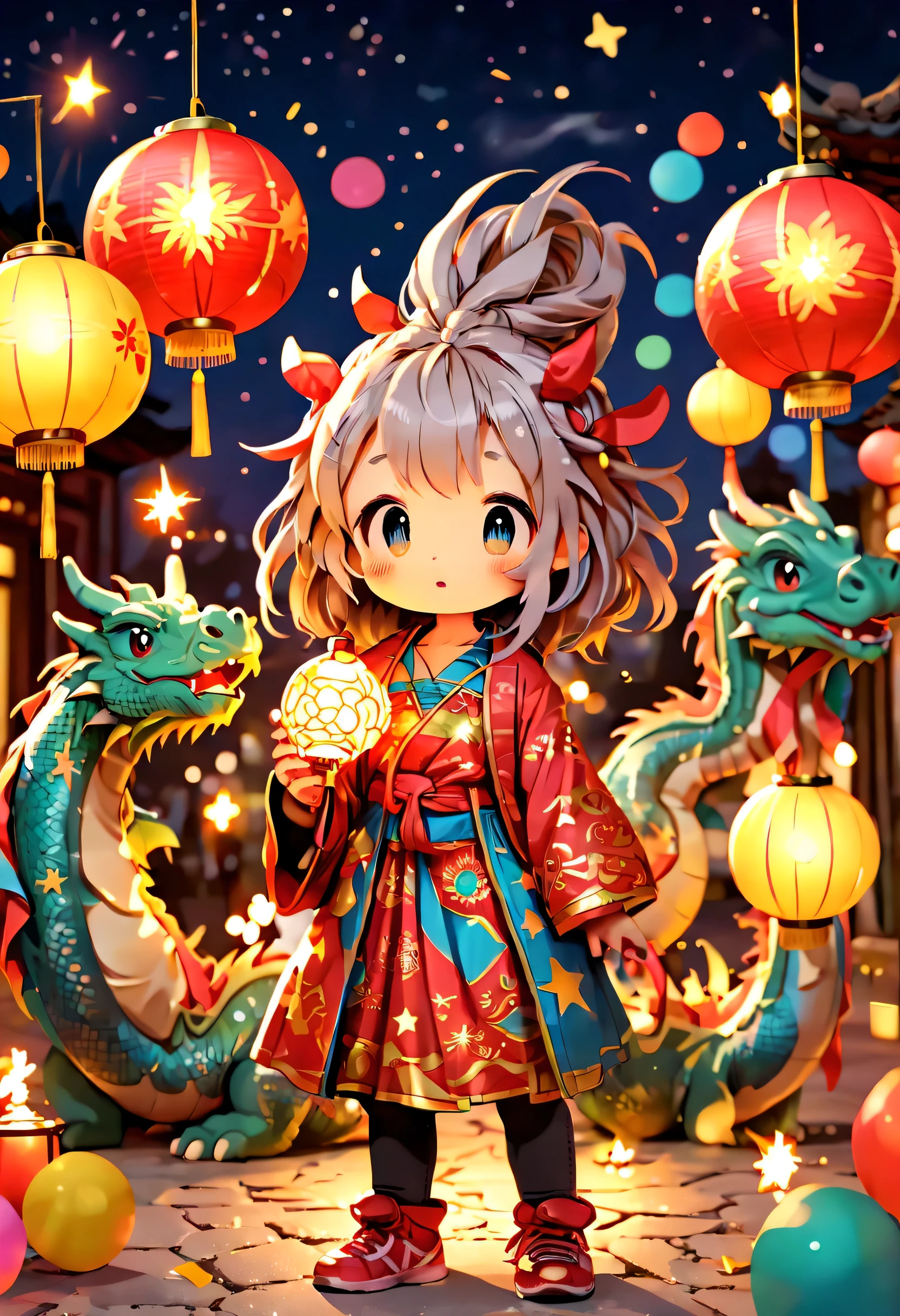 Cute graffiti, (((Vector illustration style)))，vibrant with colors, Magical atmosphere, Whimsical, Sparkling, (Fantasy 2024 Year of the Dragon), 美丽的小镇庆祝new year&#39;new year&#39;countdown，2024 年new year，(Colorful lanterns and decorations)，(children playing and dancing)，(巨大的countdown时钟，There are gorgeous patterns of fireworks in the night sky))，Performer juggling ribbons，Colorful lanterns and decorations，Performer juggling colorful ribbons，Gorgeous temple，incense，Offerings，People make wishes and pray，The calm lake is illuminated by candlelight，Beautiful reflection of fireworks and lanterns，a joyful atmosphere，（Best quality，8K，A high resolution，tmasterpiece，ultra - detailed，hyper HD，Ultra-detailed painting，Focus sharp，physically-based renderingt，Extremely detailed description，professional，vibrant with colorokeh）