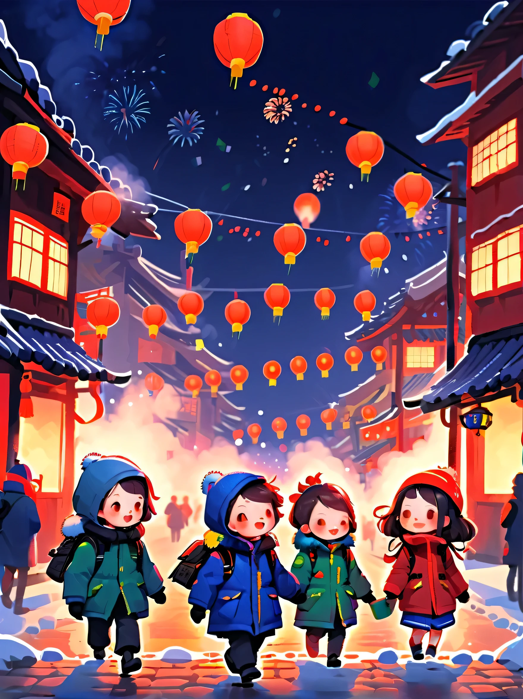 (Tim Burton style)，(Illustrations capture the essence of New Year&#39;s Day 2024)，(Modern town，European rural architecture:1.2), ((Lanterns and festoons))，It's snowing，In the joyful atmosphere of the New Year，(5 children wearing down jackets set off firecrackers:1.3)，(There are many fireworks in the sky:1.2)，the picture was beautiful，(Detailed and vivid children&#39;Hand drawn illustrations)，Show people&#39;s expressions, (NSFW), tchibi