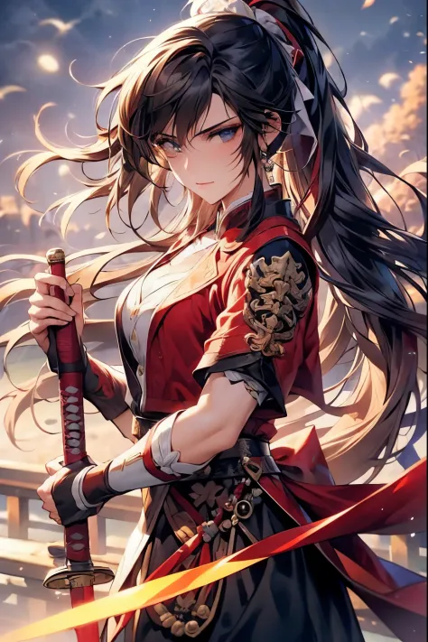 (Best quality,A high resolution,The image is clear，:1.2),A handsome young man holding a sword，Chinese-style clothes，high ponytai...