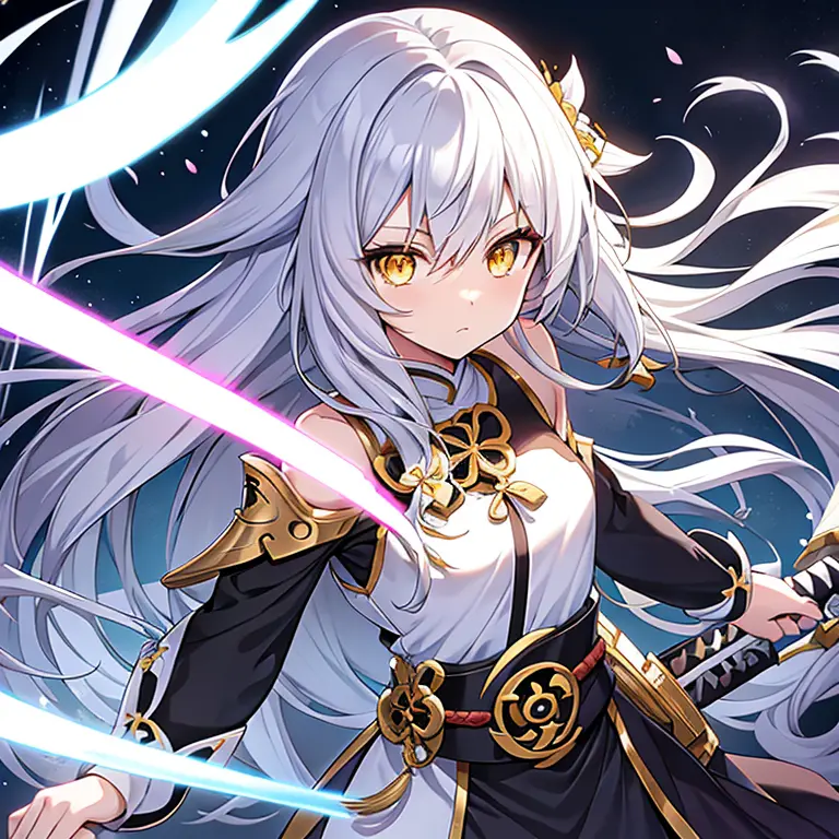 Black anime girl with long white hair in white costume, Yellow eyes, With a sword, Innocent Genshin style