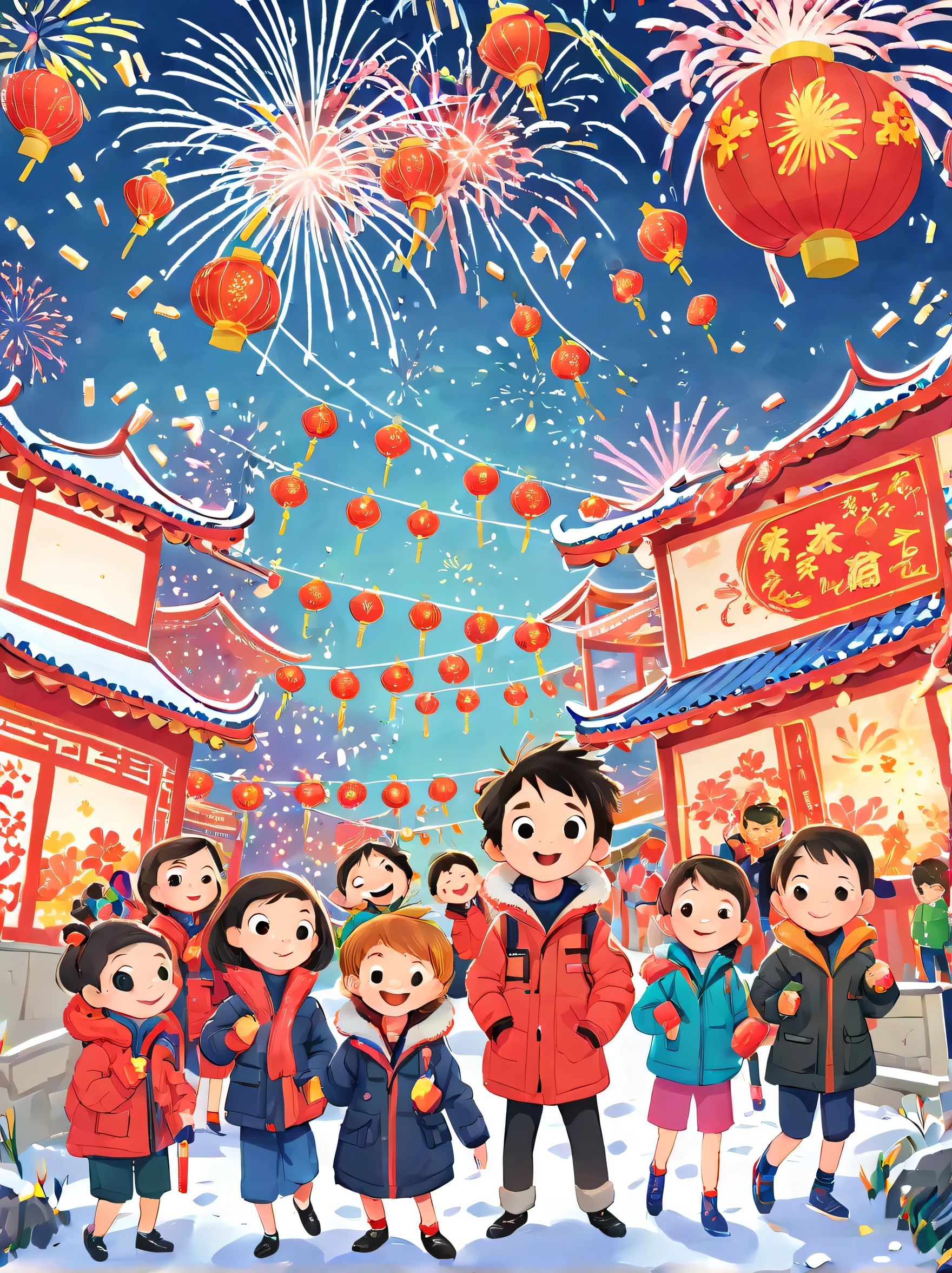 (Tim Burton style)，(Illustrations capture the essence of Chinese New Year)，(Modern town:1.2), ((Lanterns and festoons))，It's snowing，In the joyful atmosphere of the New Year，(5 children wearing down jackets set off firecrackers:1.3)，(There are many fireworks in the sky:1.2)，the picture was beautiful，(Detailed and vivid children&#39;Hand drawn illustrations)，Show people&#39;s expressions, (NSFW)