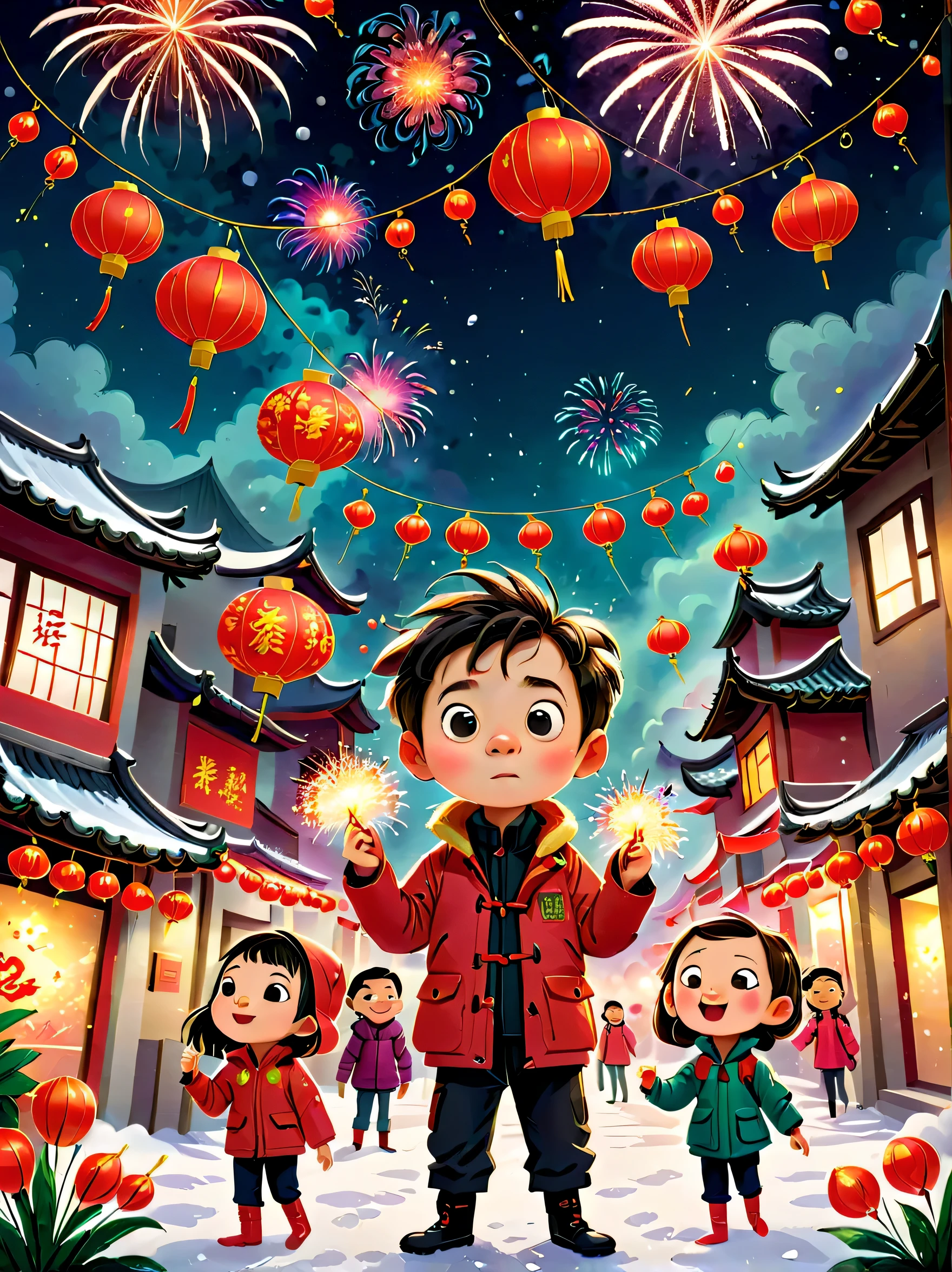 Kinderbuch, (Tim Burton-Stil)，(Illustrationen fangen die Essenz des chinesischen Neujahrs ein)，(Moderne Stadt:1.2), (Laternen und Girlanden)，Es schneit，In der freudigen Atmosphäre des neuen Jahres，(5 Kinder in Daunenjacken zündeten Knallkörper)，(Es gibt viele Feuerwerke am Himmel)，das Bild war wunderschön，(Detaillierte und lebendige Kinder&#39;handgezeichnete Illustrationen)，Personen anzeigen&#39;s Ausdrücke