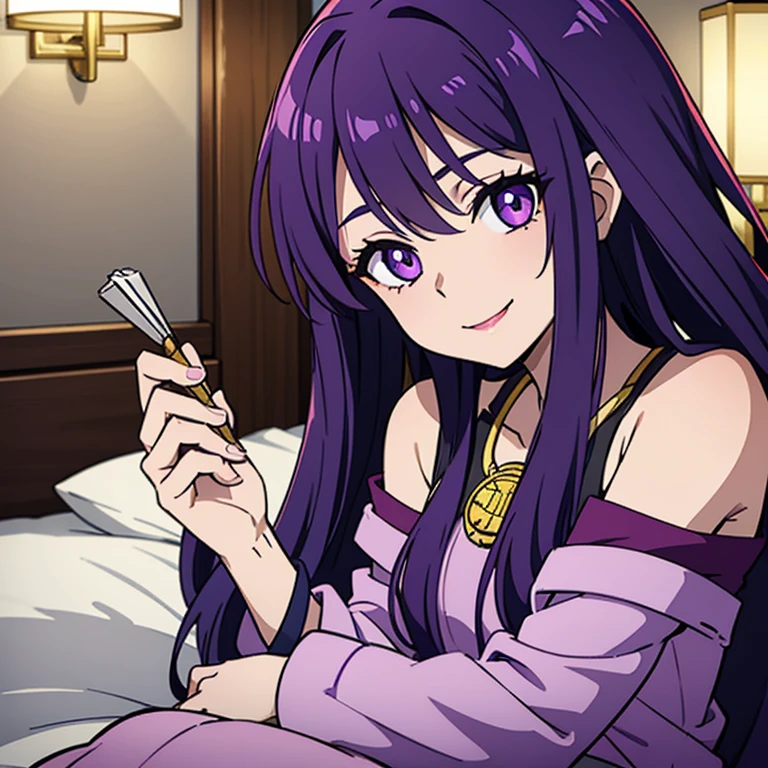 beautiful girl with long purple hair, violet eyes, purple lips, sits on the bed and looks and smiles sweetly holding an amulet in his hands