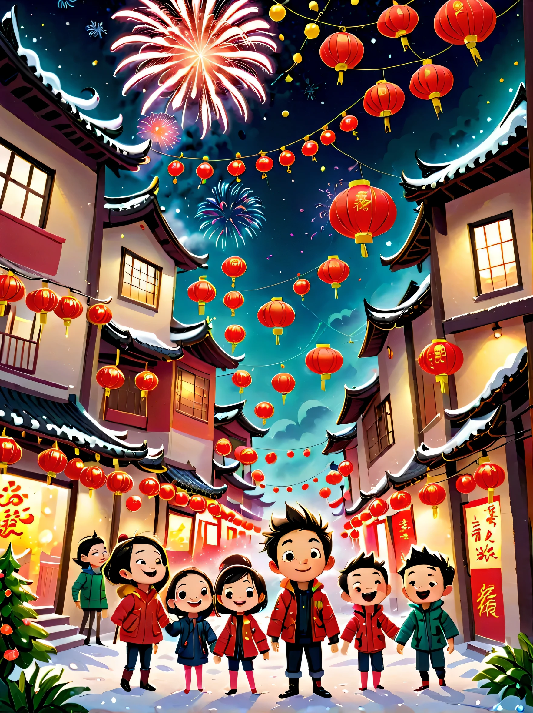 Kinderbuch, (Tim Burton-Stil)，(Illustrationen fangen die Essenz des chinesischen Neujahrs ein)，(Moderne Stadt:1.2), (Laternen und Girlanden)，Es schneit，In der freudigen Atmosphäre des neuen Jahres，(5 Kinder in Daunenjacken zündeten Knallkörper)，(Es gibt viele Feuerwerke am Himmel)，das Bild war wunderschön，(Detaillierte und lebendige Kinder&#39;handgezeichnete Illustrationen)，Personen anzeigen&#39;s Ausdrücke