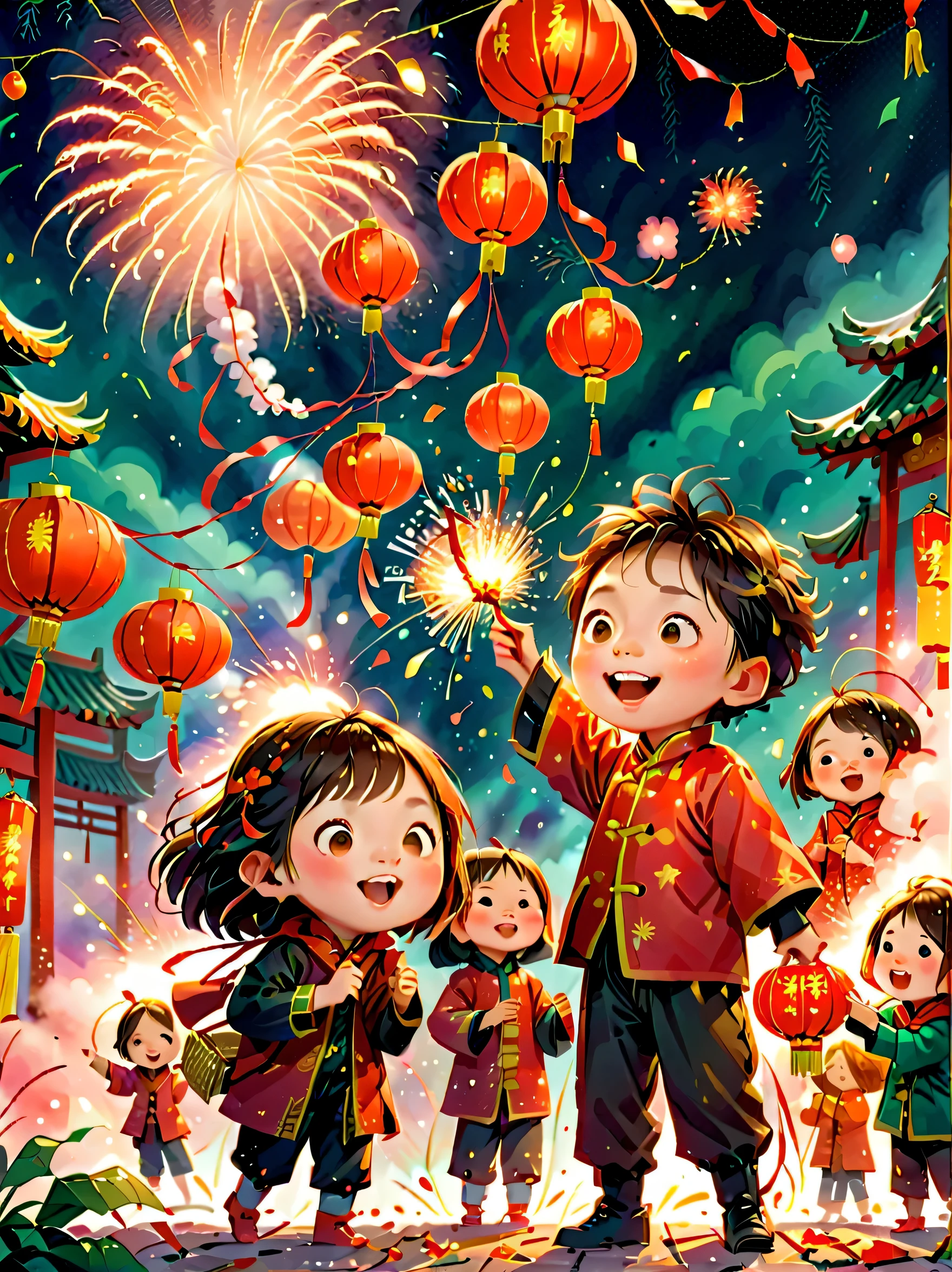 ChildrenRedmAF, Children&#39;s books, (Tim Burton style)，(Illustrations capture the essence of Chinese New Year)，(Lanterns and festoons)，It's snowing，In the joyful atmosphere of the New Year，(5 children are setting off firecrackerire works)，(There are many fire works in the sky)，the picture was beautiful，(Detailed and vivid children&#39;Hand drawn illustrations)，Show people&#39;s expressions