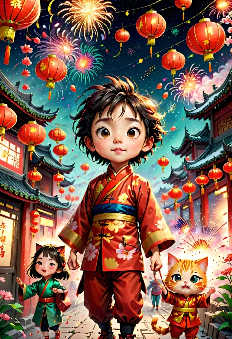 ChildrenRedmAF，(Tim Burton style)，(Illustrations capture the essence of Chinese New Year)，(Lanterns and festoons)，It's snowing，I...