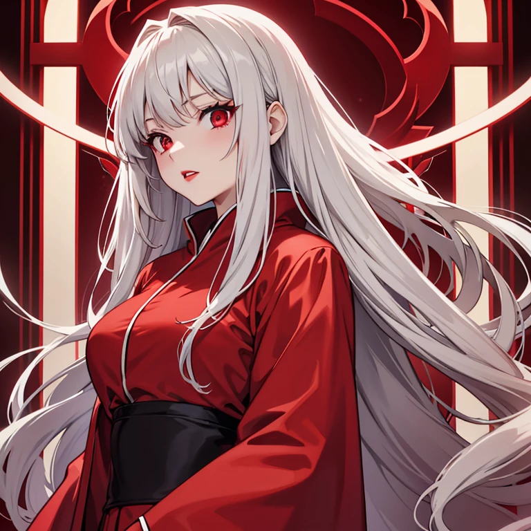 Beautiful girl with long light gray hair, red eyes, red lips, in a divine red-crimson robe, stands