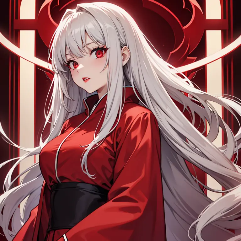 beautiful girl with long light gray hair, red eyes, red lips, in a divine red-crimson robe, stands