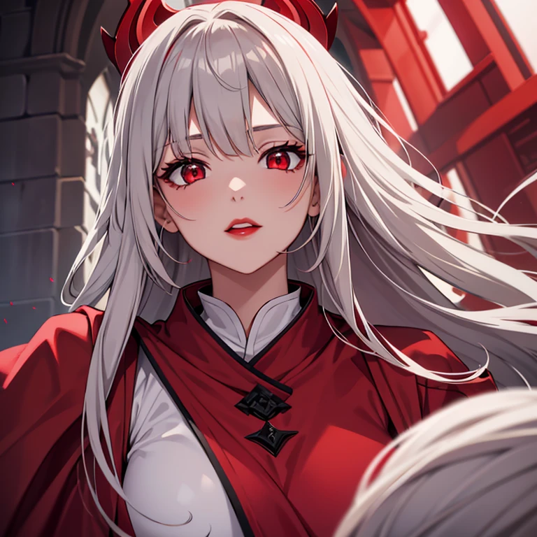 Beautiful girl with long light gray hair, red eyes, red lips - SeaArt AI