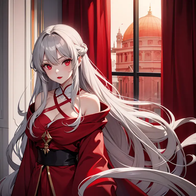 beautiful girl with long light gray hair, red eyes, red lips, in a divine red-crimson robe, stands