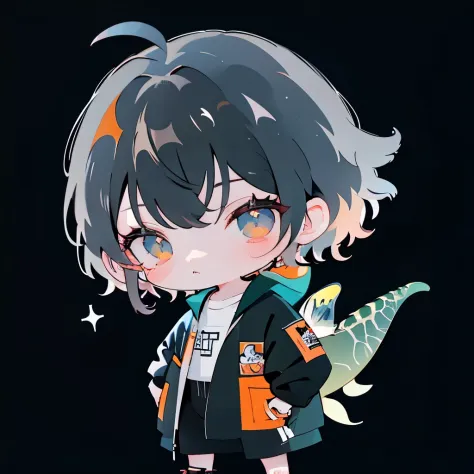 🦕🍊🐭,A dark-haired,Male child,Full body,Chibi,frontage、