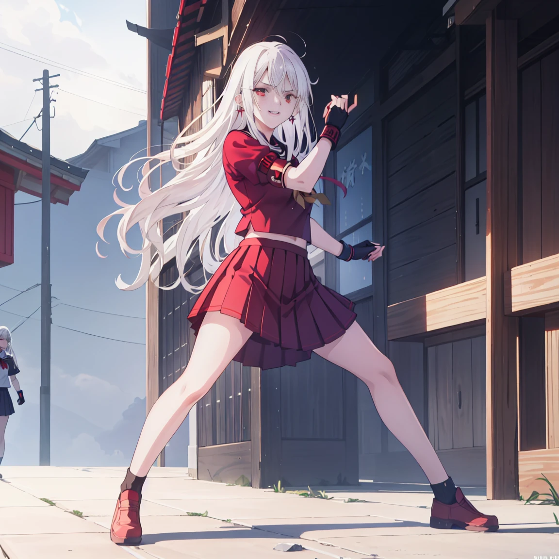 sukeban illyasviel_von_einzbern, mature_female, silver hair, holding yoyo, combat pose, full body, flowing hair, hair between the eyes, asymmetrical hair, red eyes, delicate facial features, sukeban deka clothe, looking_at_viewer, outdoors, background tokyo, ((solo, solo focus, solo girl,1girl))+++++,woman in a 80's sukeban seifuku standing on a set of strees, black school uniform, 80's japanese sukeban photo, sukeban seifuku,  80's japan, sukeban, long black skirt, red converse, full body, light skin tone female, full body, tape, arm_support, gloves, red_gloves, bridal gauntlets, blackred_footwear, fighter outfit, full body, hourglass, mature face, cheeky smile, cheeky face, wrinkles,( silver long hair, earrings, ear piercings), realistic, (fighting art, Martial arts, standing, fighting_stance, fight, fighting), extra colors, 2D, megapixel, perfectionism, accent lighting, full HD , 4K, masterpiece, empty red eyes