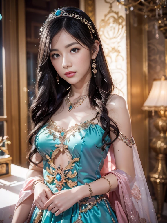 best qualtiy， tmasterpiece， Ultra-high resolution， （realisticlying：1.5）， RAW photogr， 1girll, silber hair, long hair，hair adornment shoulders，Cold and glamorous，Raised sexy，Cyan and pink tulle dress, Detailed scenes, amazing pose, Eye-catching accessories, Picturesque