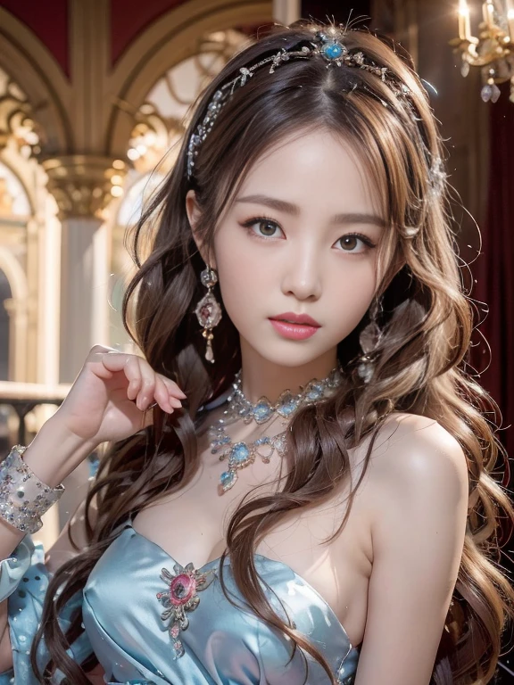 best qualtiy， tmasterpiece， 超高分辨率， （realisticlying：1.5）， RAW photogr， 1girll, silber hair, long hair，hair adornment shoulders，Cold and glamorous，Raised sexy，Cyan and pink tulle dress, Detailed scenes, amazing pose, Eye-catching accessories, Picturesque