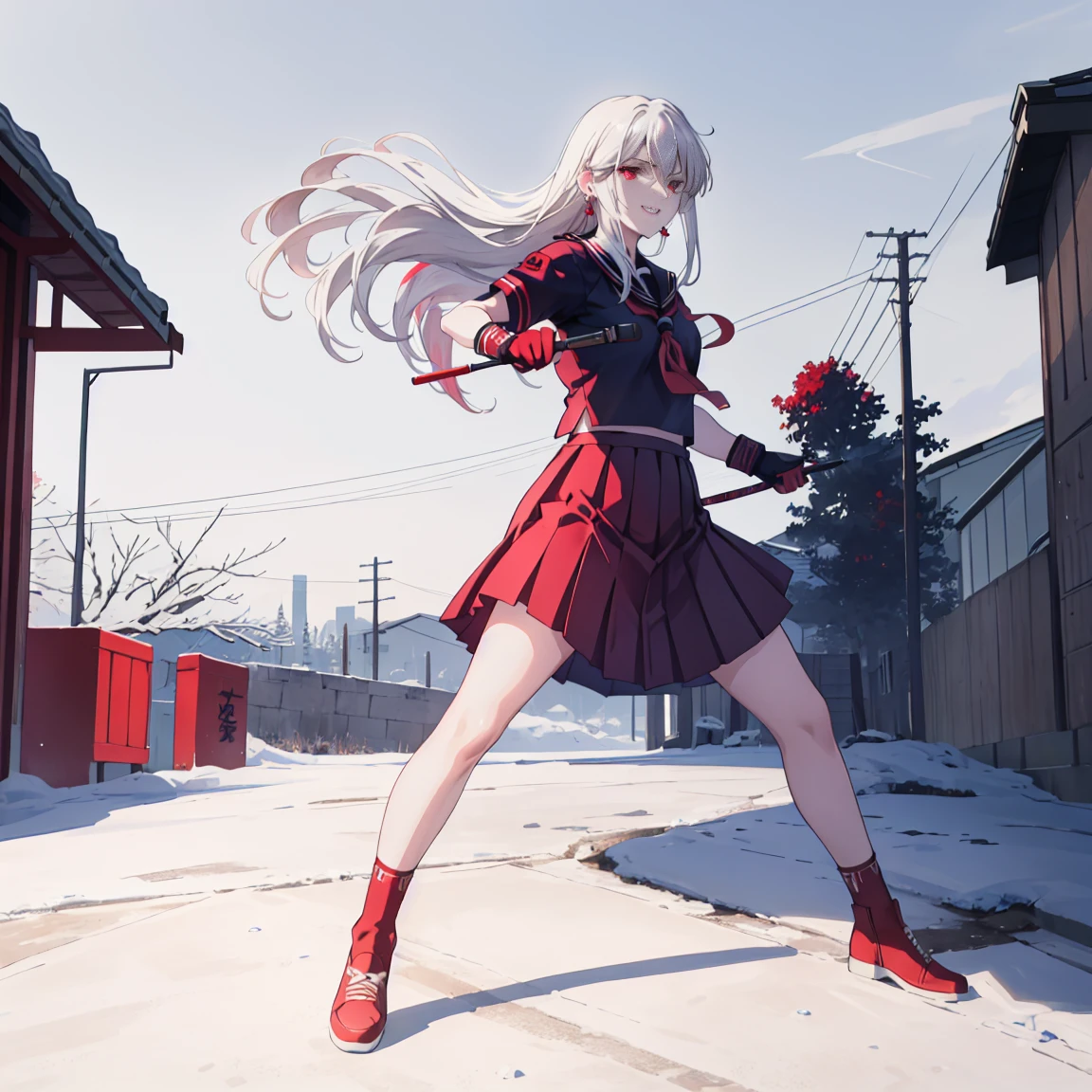 sukeban illyasviel_von_einzbern, mature_female, silver hair, holding yoyo, combat pose, full body, flowing hair, hair between the eyes, asymmetrical hair, red eyes, delicate facial features, sukeban deka clothe, looking_at_viewer, outdoors, background tokyo, ((solo, solo focus, solo girl,1girl))+++++,woman in a 80's sukeban seifuku standing on a set of strees, black school uniform, 80's japanese sukeban photo, sukeban seifuku,  80's japan, sukeban, long black skirt, red converse, full body, light skin tone female, full body, tape, arm_support, gloves, red_gloves, bridal gauntlets, blackred_footwear, fighter outfit, full body, hourglass, mature face, cheeky smile, cheeky face, wrinkles,( silver long hair, earrings, ear piercings), realistic, (fighting art, Martial arts, standing, fighting_stance, fight, fighting), extra colors, 2D, megapixel, perfectionism, accent lighting, full HD , 4K, masterpiece, empty red eyes