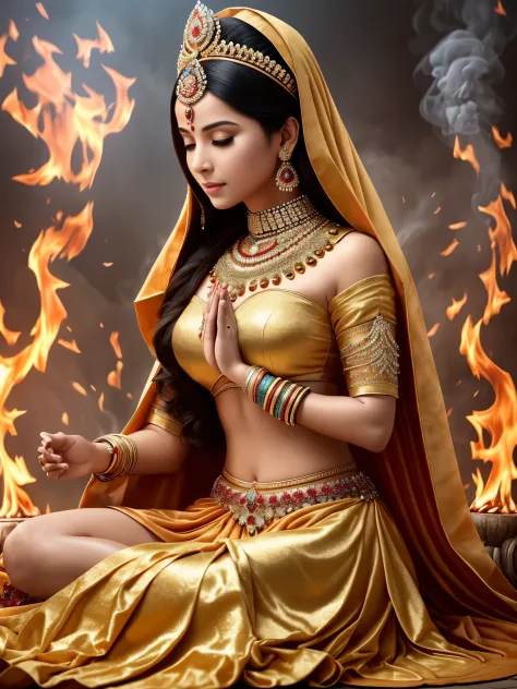 a beautiful Indian queen,dress in ancient indian,covering white and gold cloth, the fire is burning around her, Firestorm Photos...