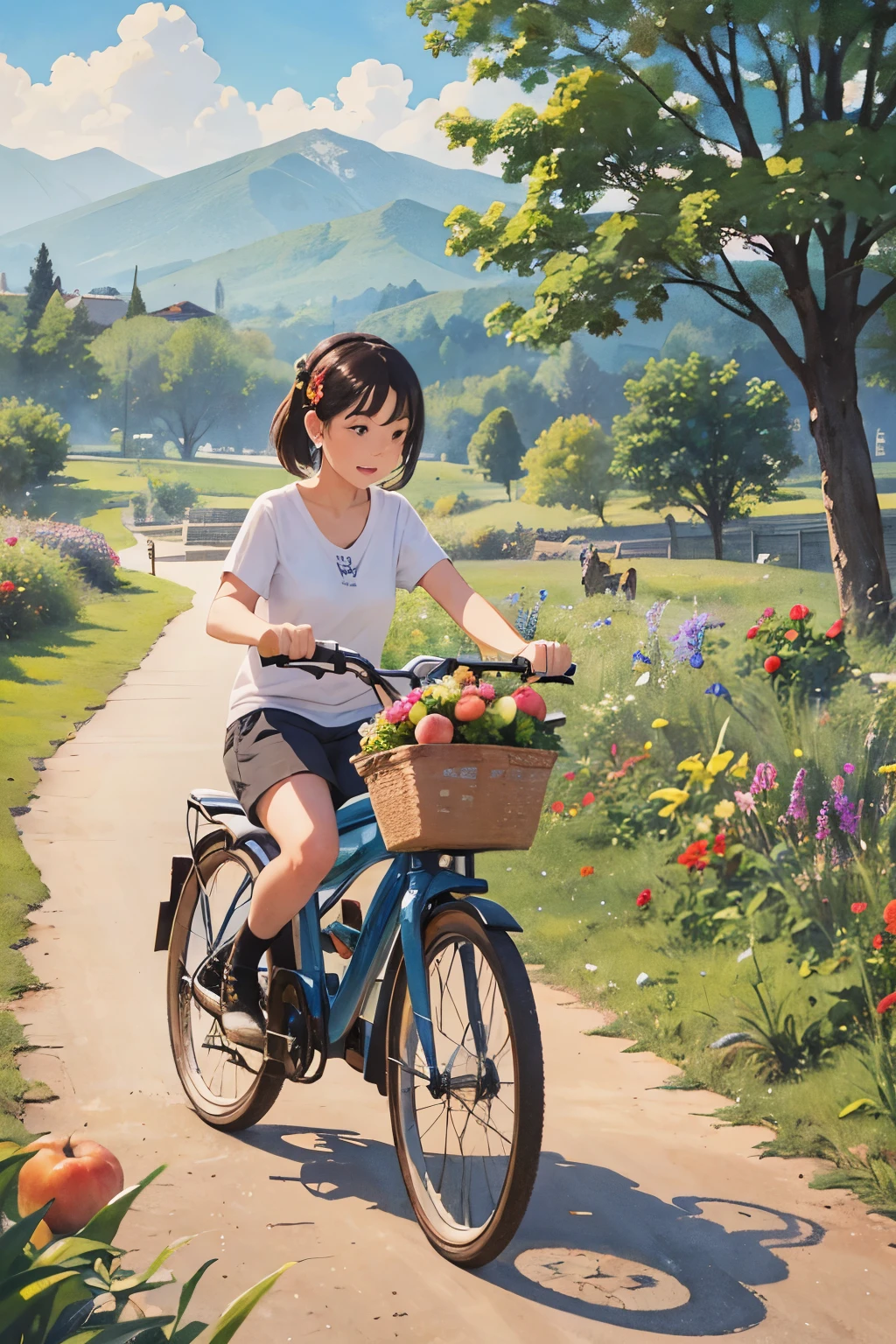 (best quality,watercolor style,ultra-detailed,realistic),1girl,riding a bicycle and leaving it under a tree, holding a basket filled with fruits including peaches,grapes,apples,etc.,wildflowers along the roadside ,distant mountains and houses, creating a serene and beautiful setting.