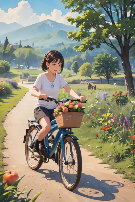 (best quality,watercolor style,ultra-detailed,realistic),1girl,riding a bicycle and leaving it under a tree, holding a basket fi...