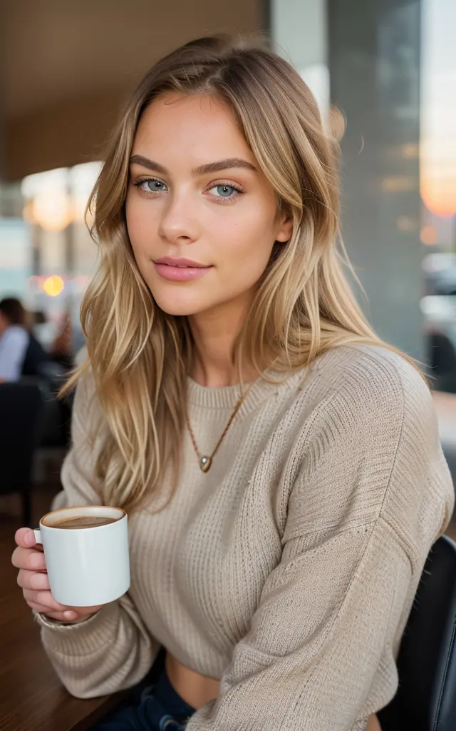 beautiful blonde wearing beige sweater (sipping coffee inside a modern café at sunset), very detailed, 21 years old, innocent fa...