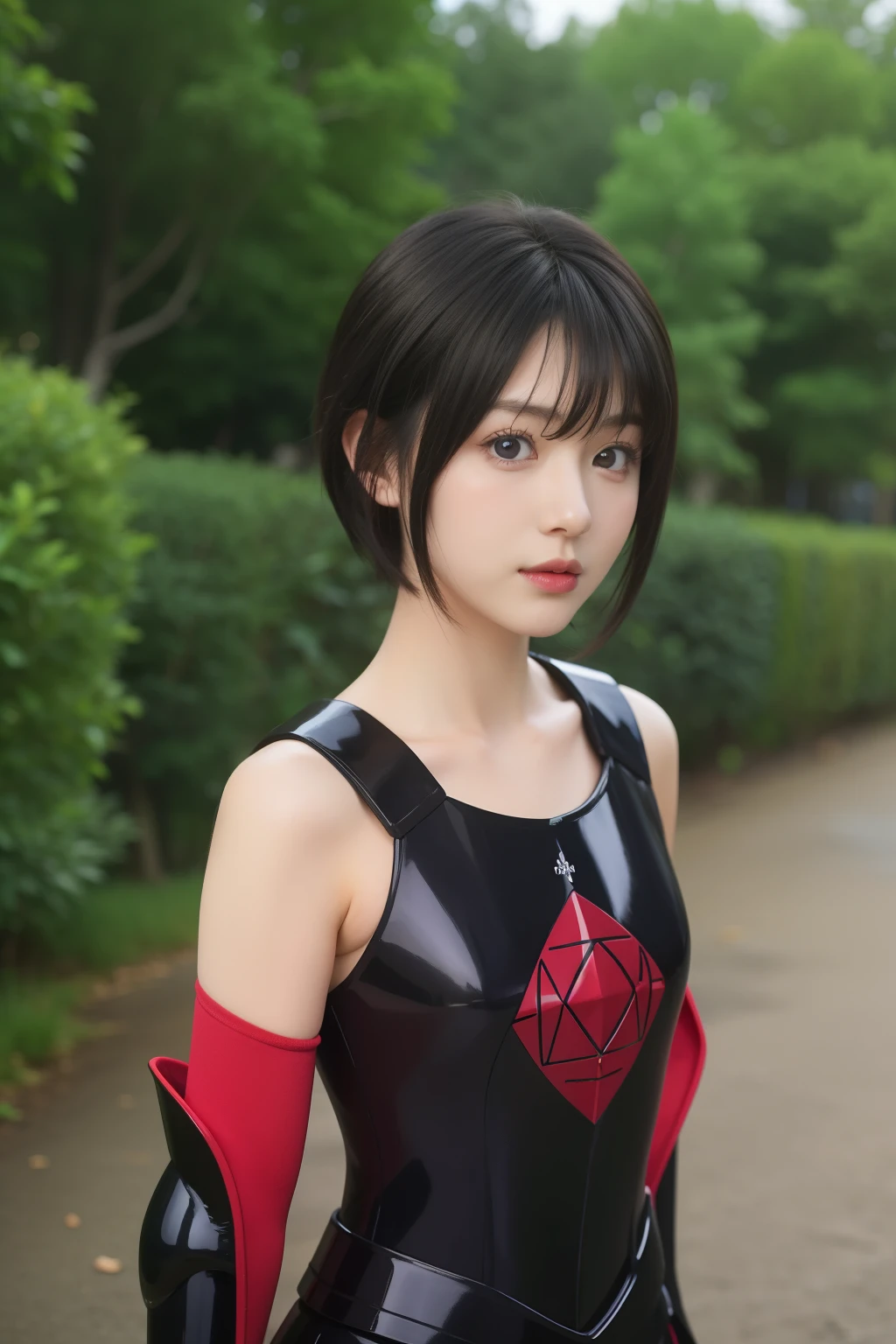 best quality, ultra high res, blue eyes, looking at viewer, blush, red lips,
   black armor, bofuri-maple , black hair, short hair, bangs, purple eyes, collarbone, full body, solo, 1girl, outdoors