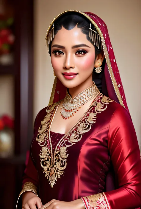 hijab, photography,  full body of java wedding woman in red long kebaya dress traditional and batik skirt, looking at viewer, je...