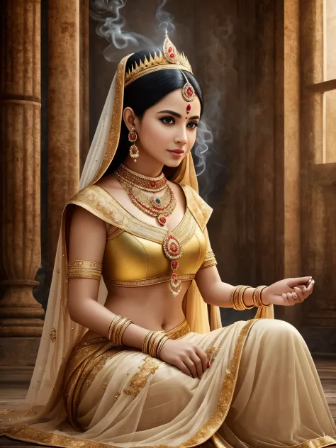 a beautiful Indian queen,dress in ancient indian,covering white and gold cloth, the fire is burning around her, Firestorm Photos...