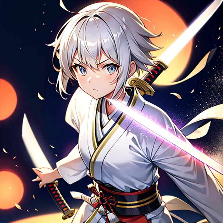 short-hair　Silvery hair　Samurai　Kimono　teens girl　kawaii faces　long blade Japanese sword　Single person　Sword posture