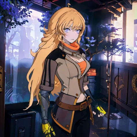 Yang Xiaolong, Yang Xiaolong, Long hair, Blonde hair, (Purple eyes:1.1), Ahoge, Bangs,Breaking cleavage, Jacket, Belt bag, mecha...