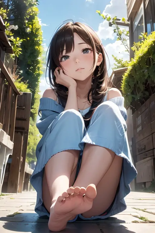 (8K), (Best Quality), (masutepiece: 1.2)　sitting with the soles of the feet thrown out、((Cute woman looking up at the sky))