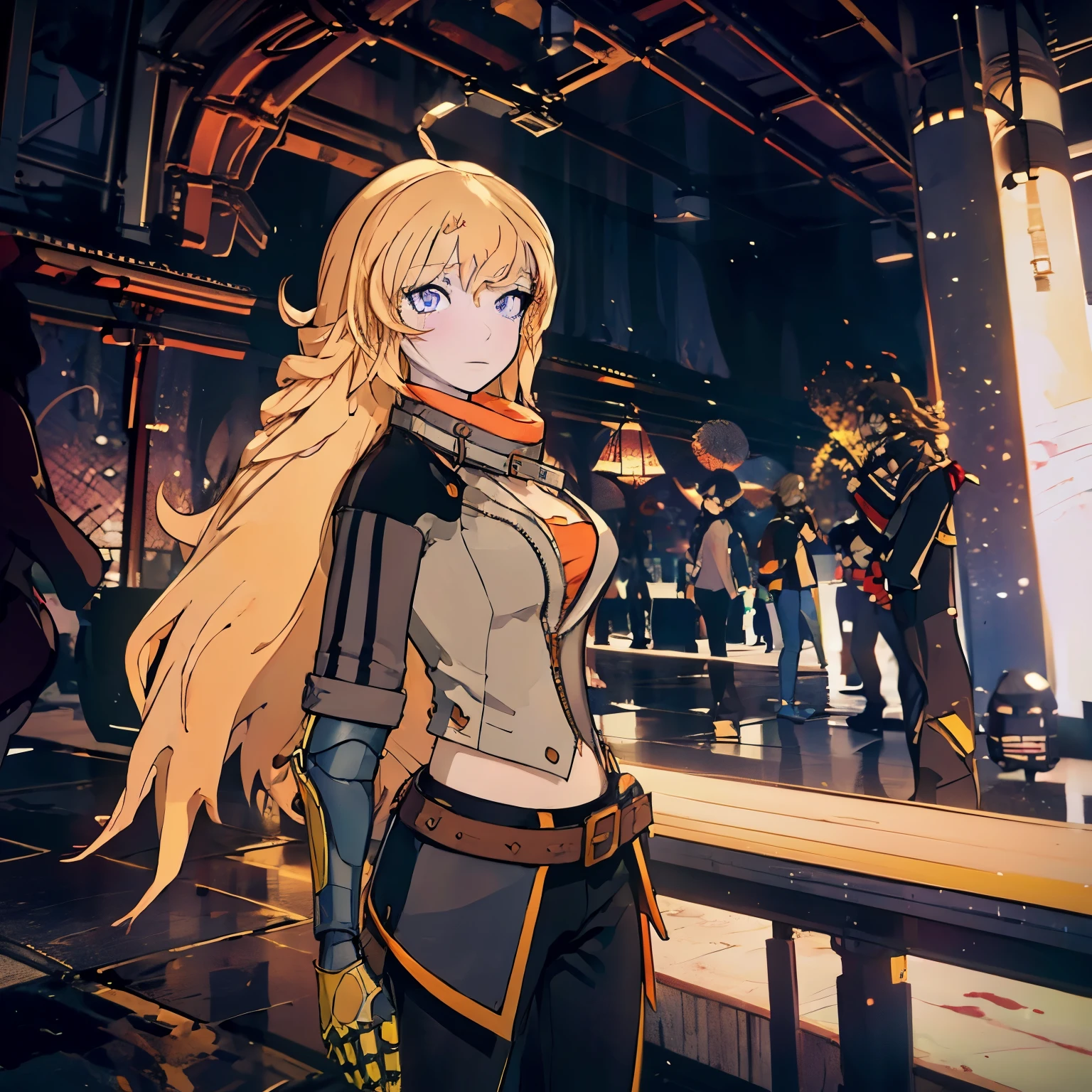 Yang Xiaolong, Yang Xiaolong, Long hair, Blonde hair, (Purple eyes:1.1), Ahoge, Bangs,Breaking cleavage, Jacket, Belt bag, mechanical arms, シングルmechanical arms, prosthesis, Left hand is a prosthetic hand,BREAK outdoors,BREAK looking at viewer, (Cowboy Shot:1.5),BREAK (masutepiece:1.2), Best Quality, High resolution, Unity 8k壁纸, (Illustration:0.8), (Beautiful detailed eyes:1.6), extra detailed face, Perfect Lighting, extremely details CG, (Perfect hands, Perfect Anatomy),Long pants