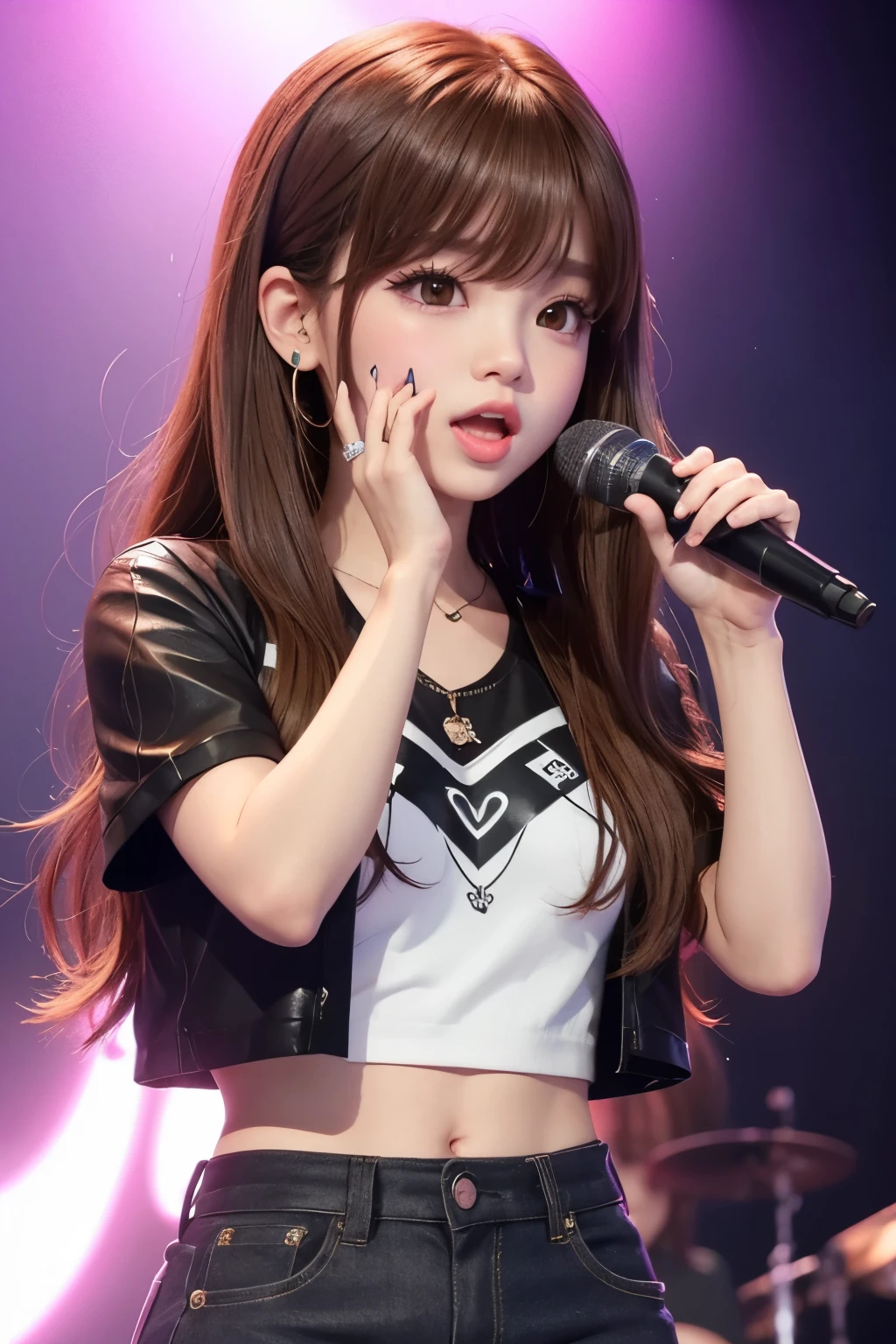 a cute idolgirl in 2D long light brown hair and a straight fringe, member of blackpink singing at concert (style "zepeto game")