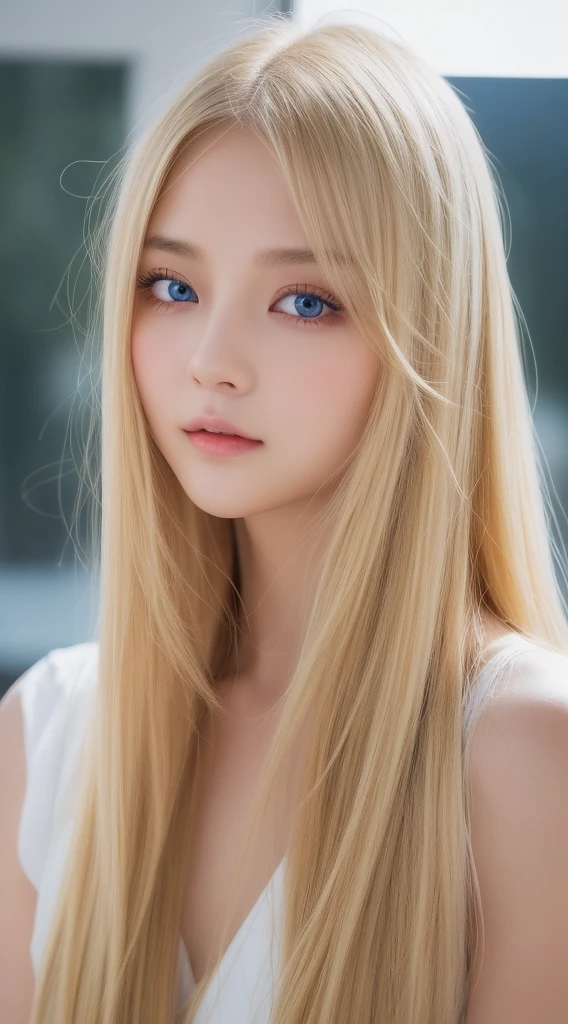 top-quality、​masterpiece、(逼真:1.4)、1 girl in、dazzling blonde hair、Reflected light from hair、very beautiful big blue eyes、frontage、A detailed face、beautidful eyes、Very white, young and bright skin、gloss cheek highlights、eye liner、Small face beauty